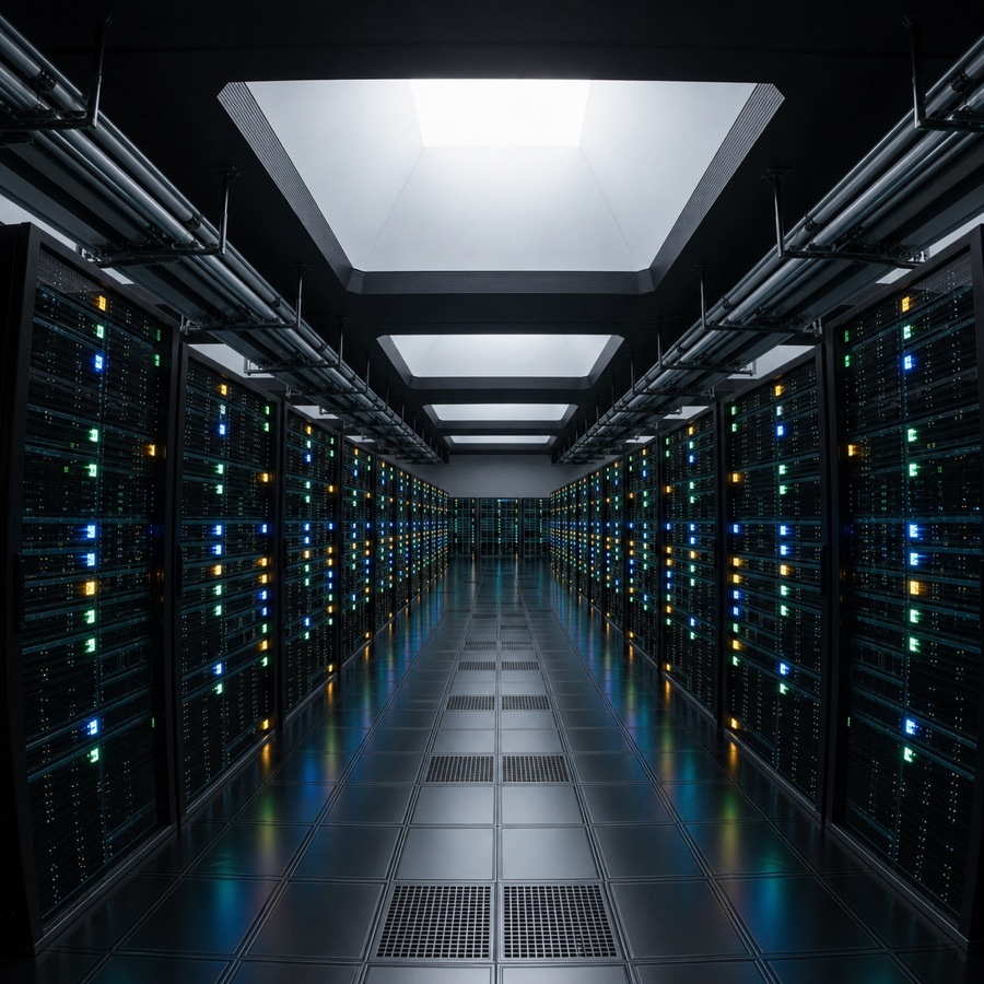 Server racks lining the central aisle of a modern AI datacenter