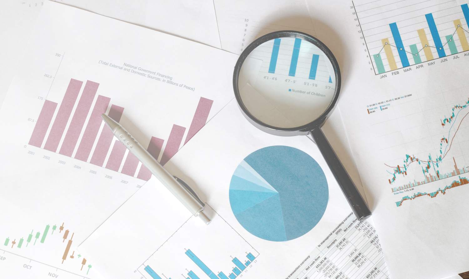 Market analysis — charts under a magnifier